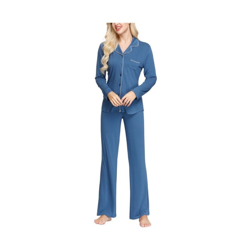 INK+IVY Rayon Long Sleeve Button Top & Trouser Pajama Set, Casual LG BLUE